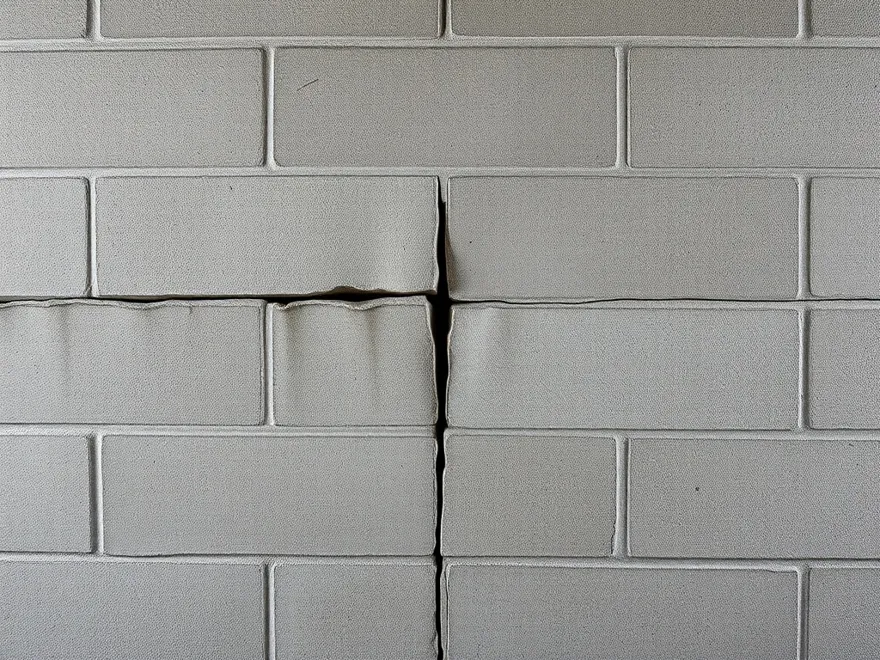 Concrete block basement wall bowing inward with a horizontal crack at the mortar joint