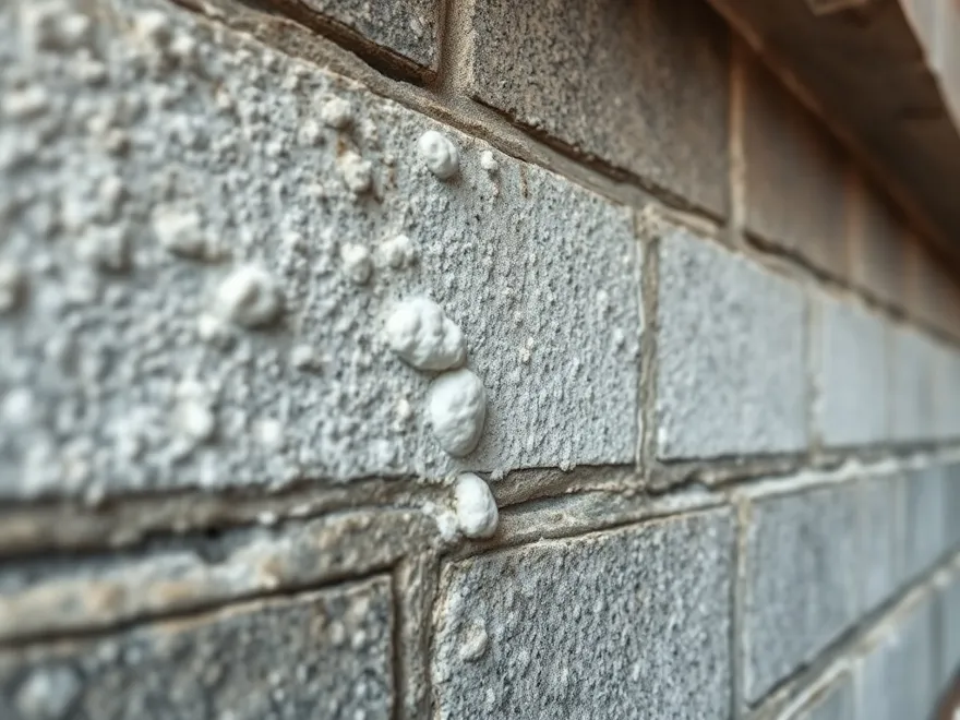 White powdery efflorescence deposits on a concrete block basement wall