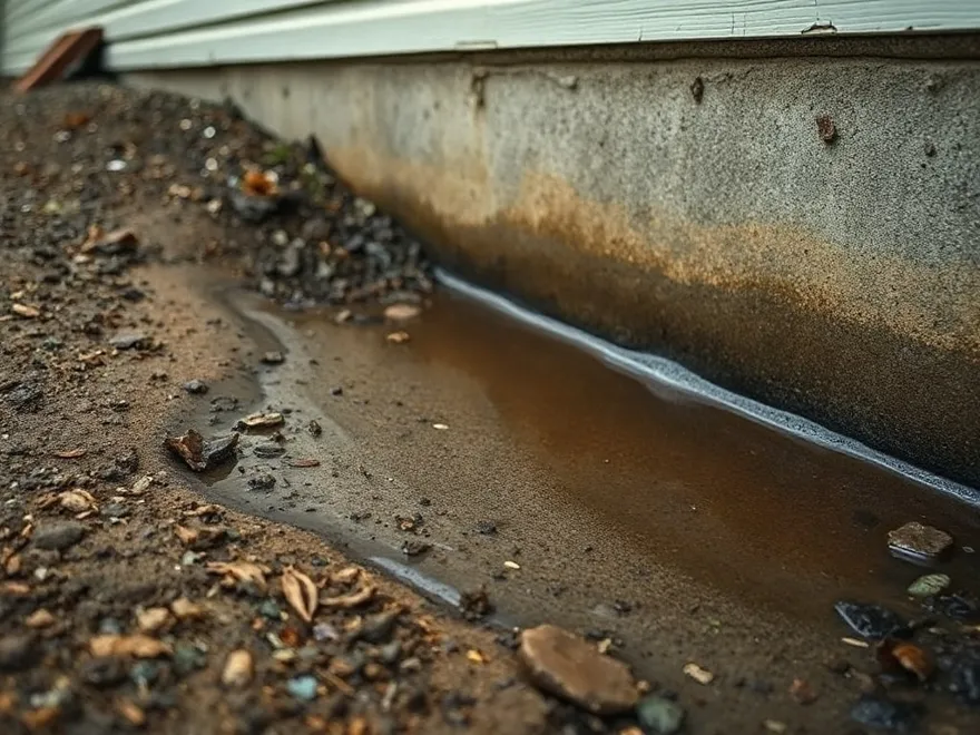 Ground sloping toward a foundation wall with rainwater pooled against the concrete
