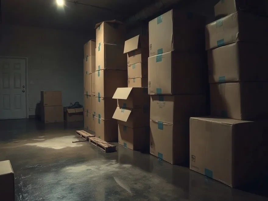 Cardboard boxes on a damp basement floor with water marks along their bottoms