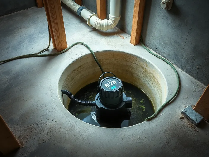 Sump pump sitting in an open basin pit in a concrete basement floor