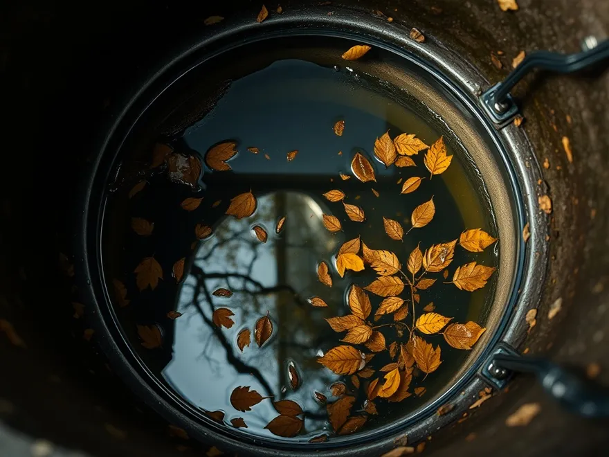 Basement window well filled with standing water and fallen leaves