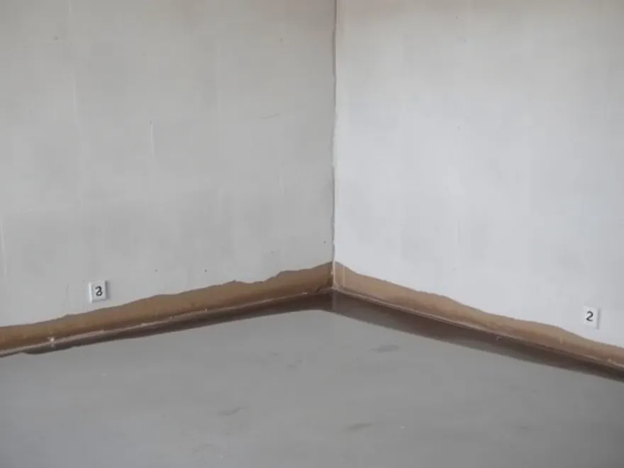 Damp horizontal stain along the base of a poured concrete basement wall where it meets the floor slab