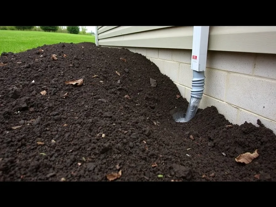 Soil sloping toward a residential foundation wall with a downspout discharging at the wall