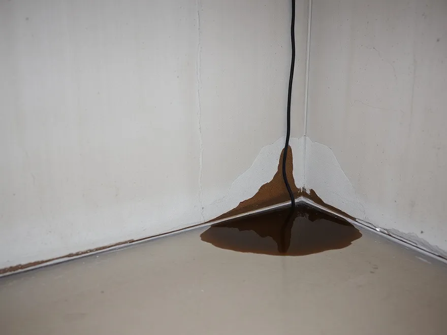 Water seeping through the joint where a poured concrete basement wall meets the floor slab